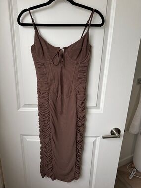 White Fox Boutique Mauve-Brown Ruched Midi Slip Dress with Tie Bust